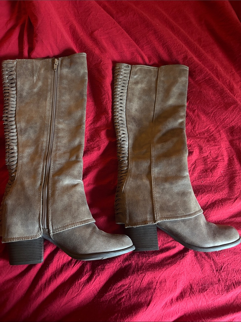 Fergalicious Taupe Knee-High Braided Detail Block Heel Boots